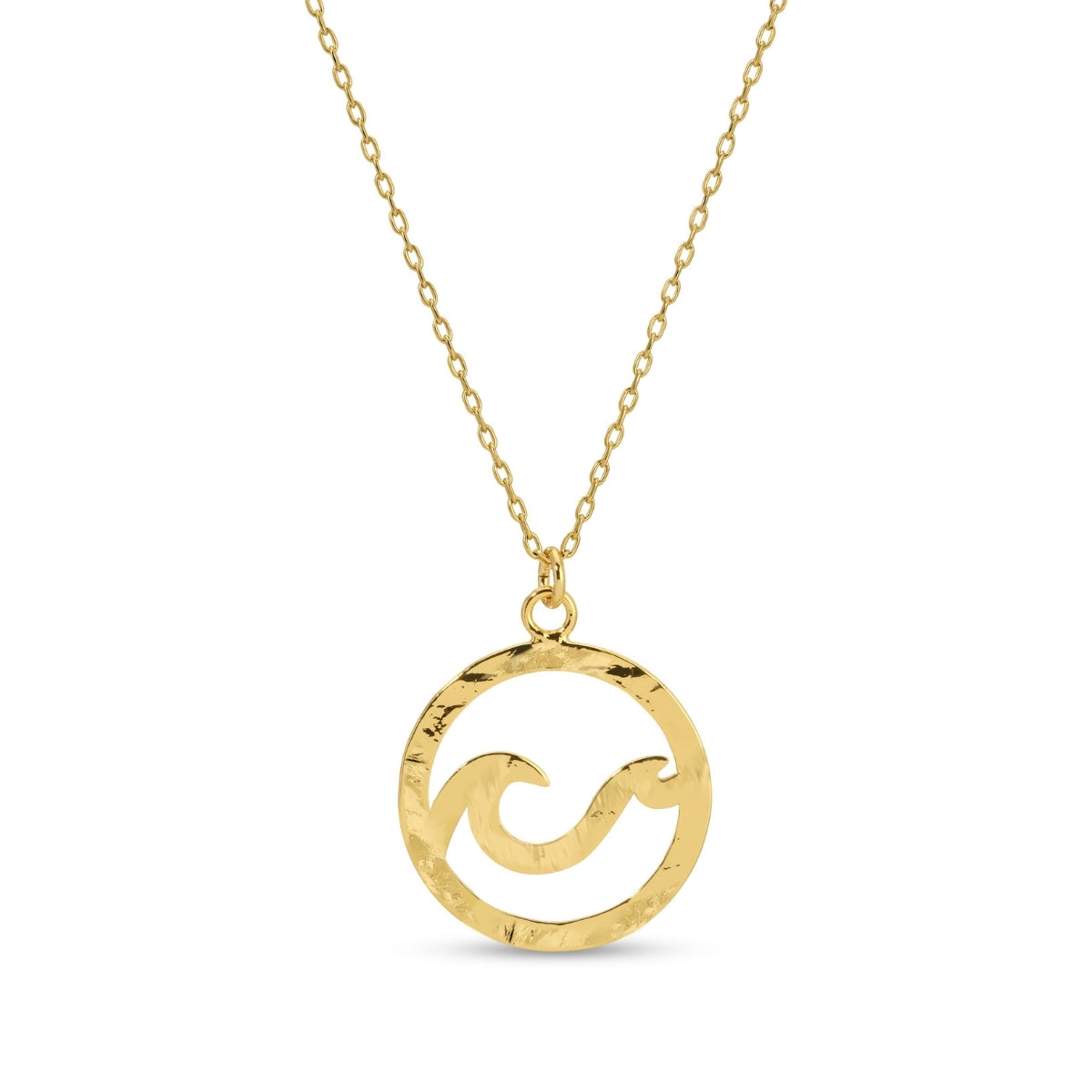 Gold necklace with a circular pendant on a white background