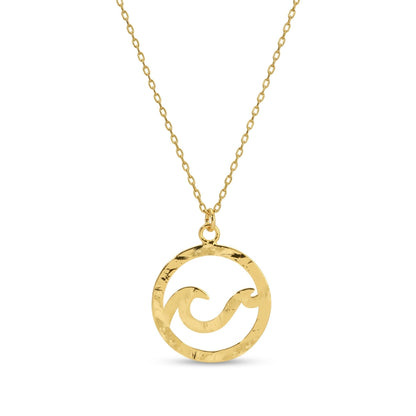 Gold necklace with a circular pendant on a white background