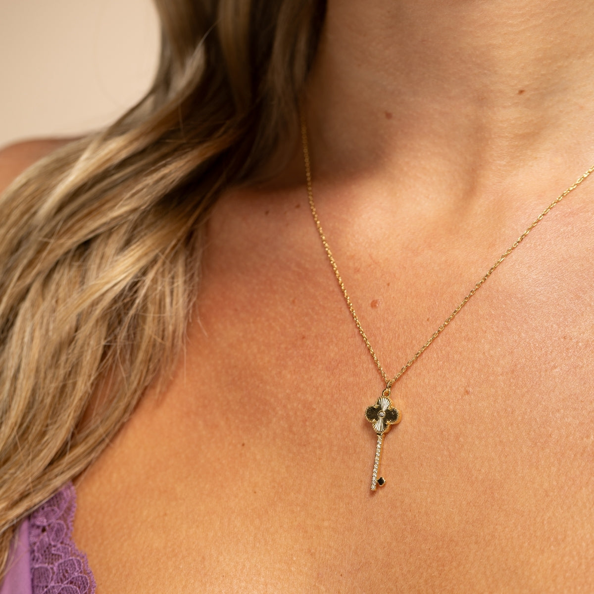 CZ & Quatrefoil Key Pendant Necklace