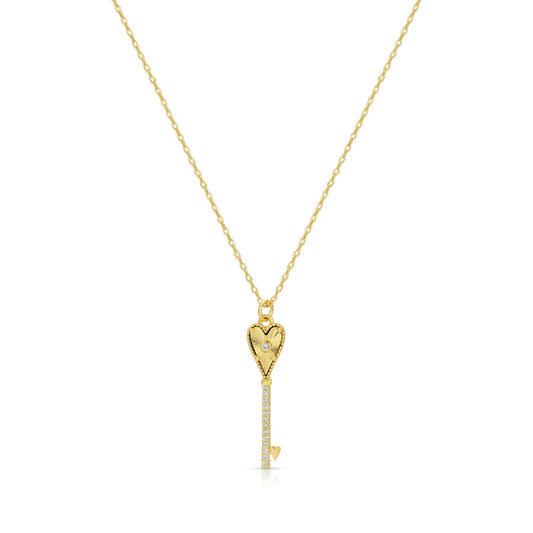 CZ & Heart Key Pendant Necklace