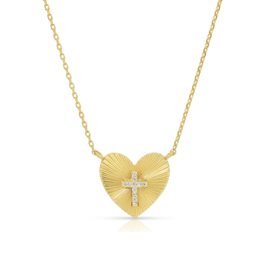 Pavé Cross & Heart Burst Pendant Necklace