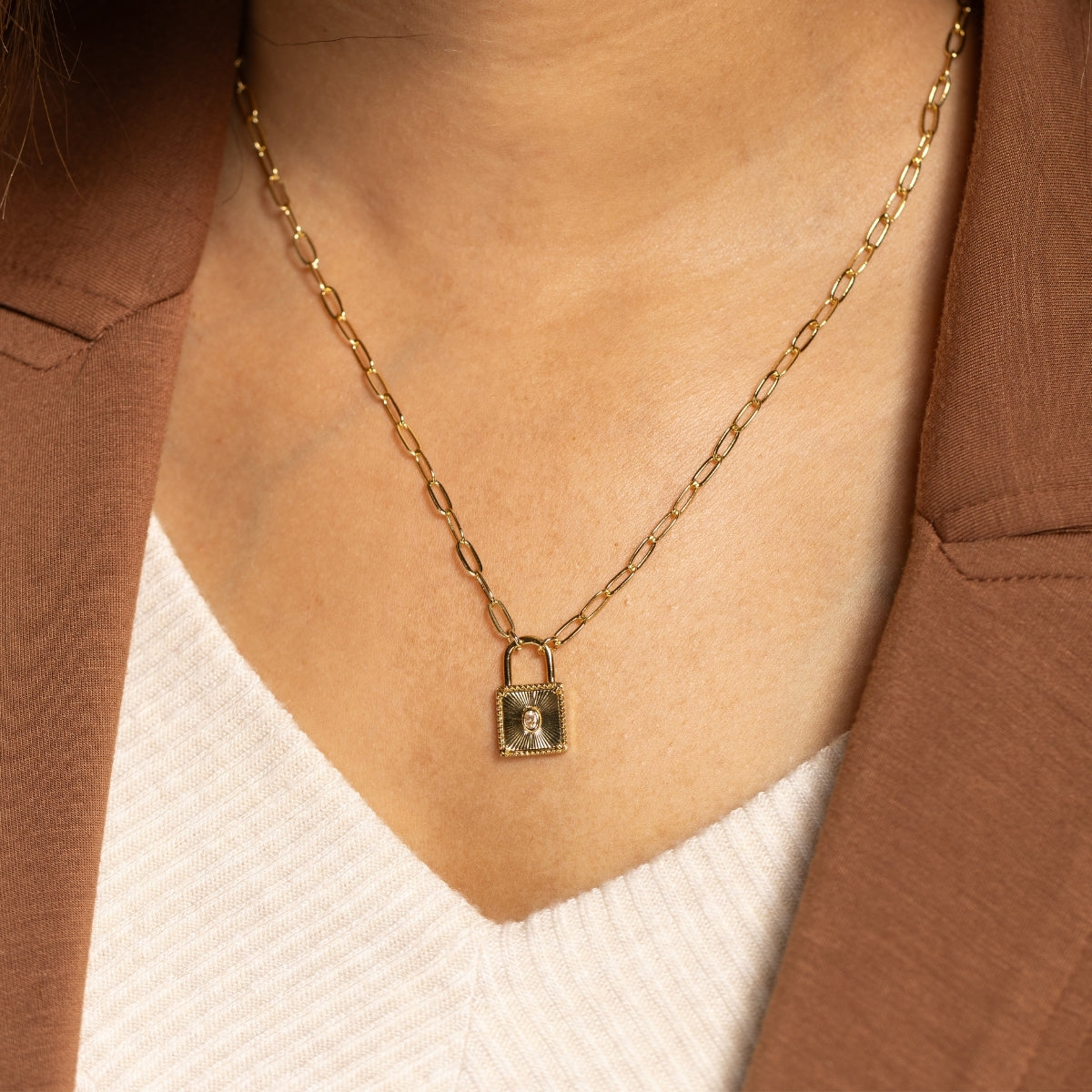 CZ and Lock Burst Pendant Necklace