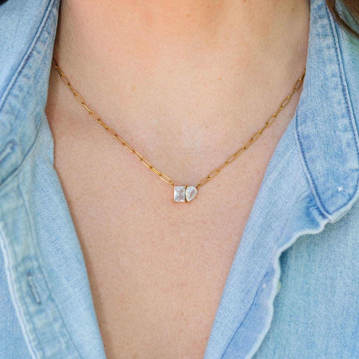 Delicate Paperclip with CZ Necklace, Water-Resistant