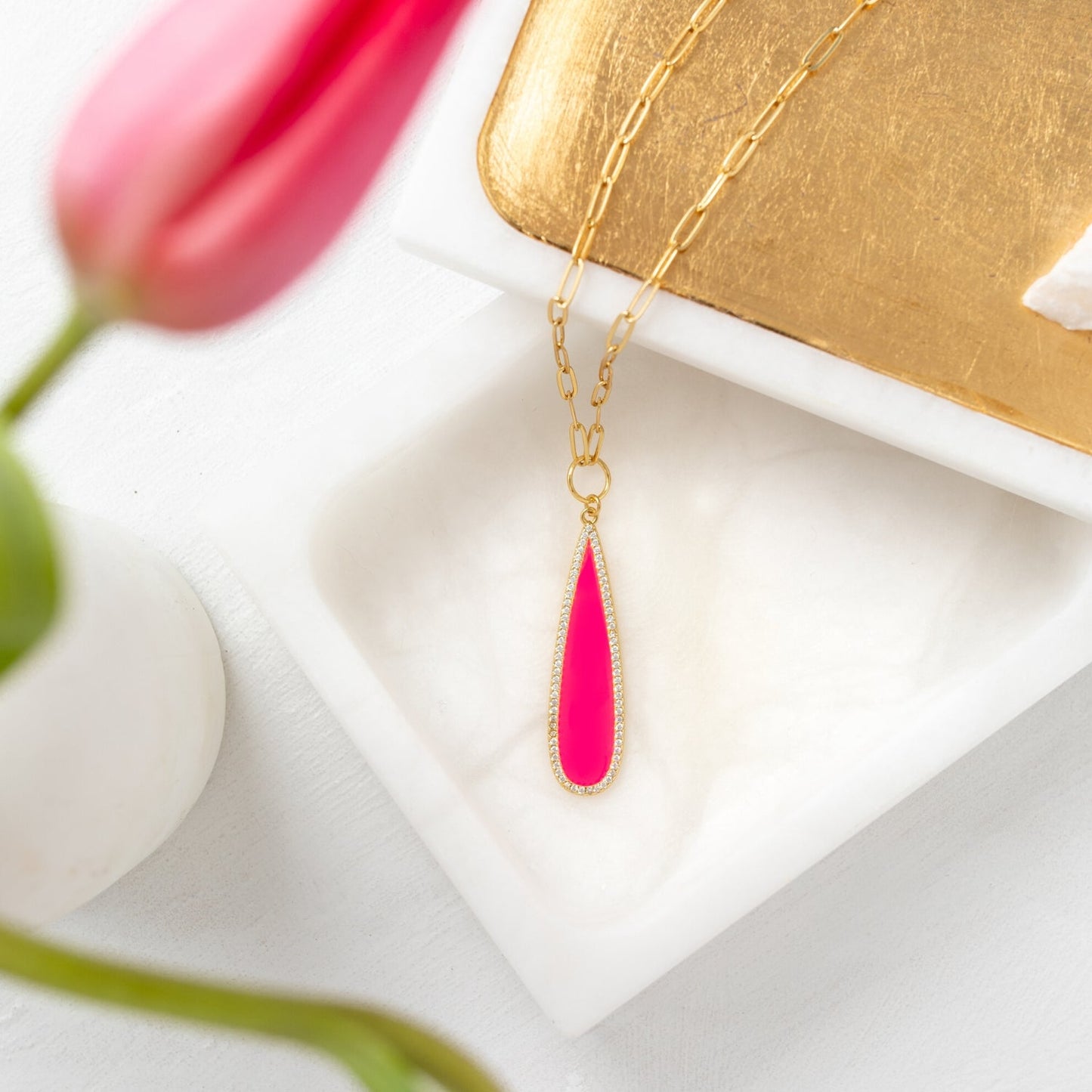 Teardrop Pave Pendant Paperclip Chain Necklace