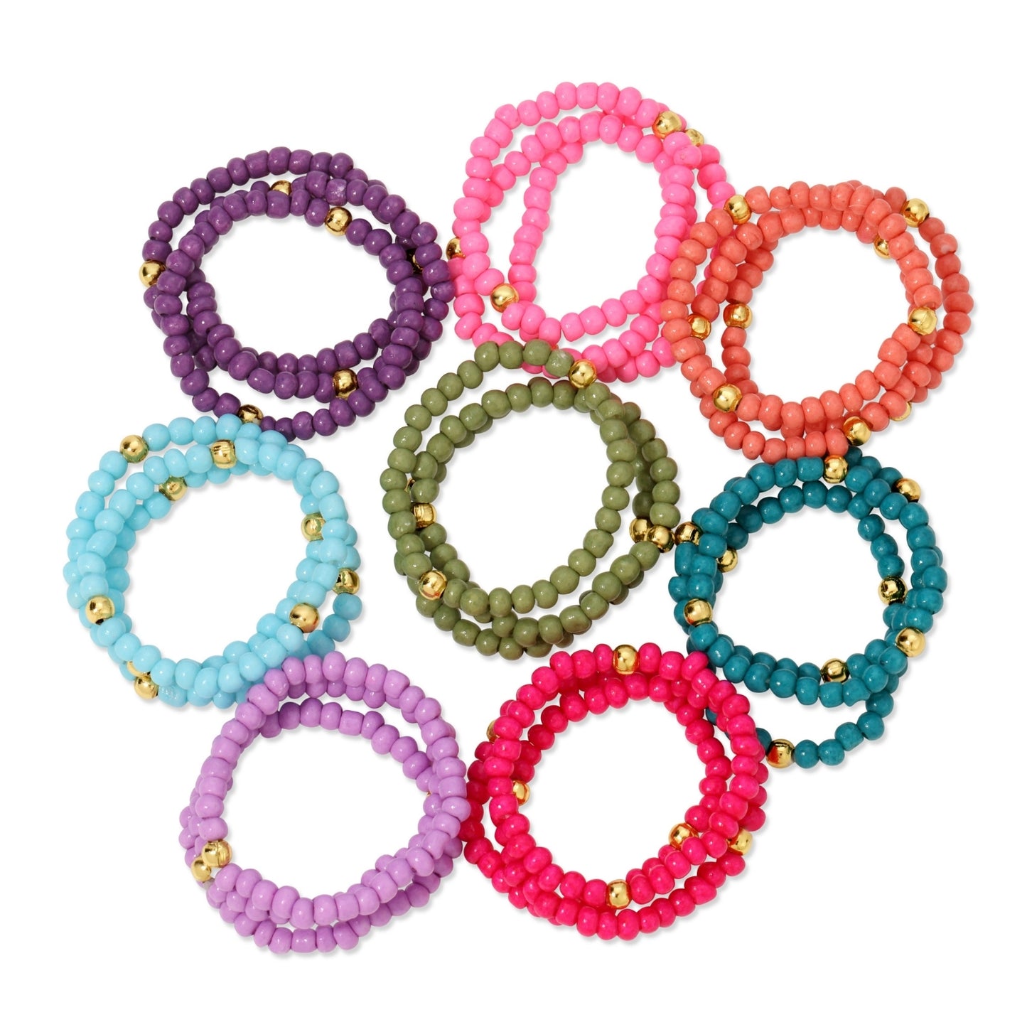 Set/24 Assorted 2mm stretch seed bead rings with gold bead accents