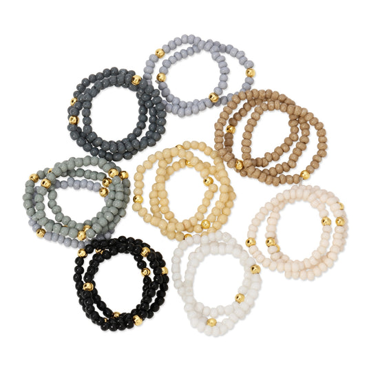 Set/24 Assorted 2mm stretch seed bead rings with gold bead accents