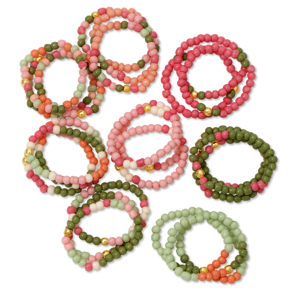 Set of colorful beaded rings on a white background