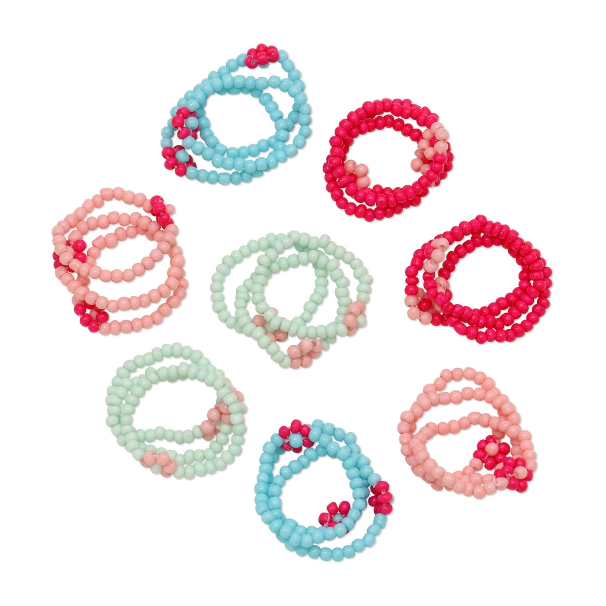 Set of colorful beaded rings on a white background