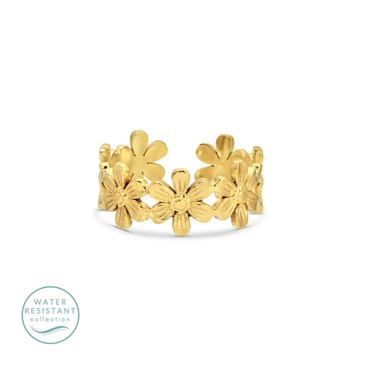 Gold floral ringon a white background with 'Water Resistant' collection label.