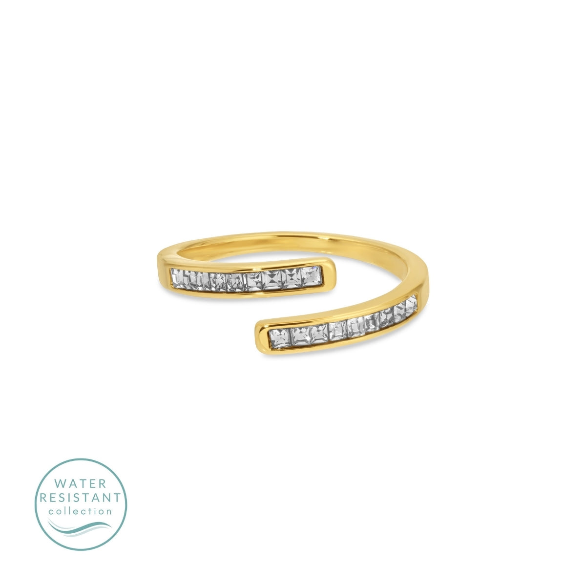 Gold open ring with embedded diamonds on a white background