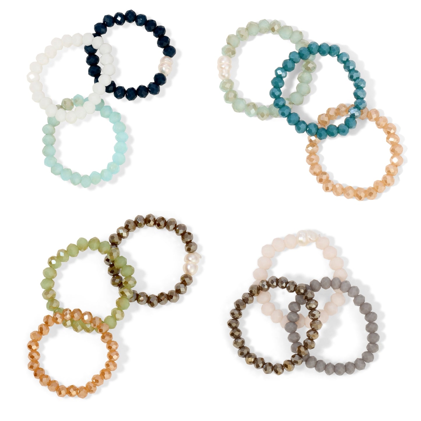 Pack of 8 (Set/3 Crystal & Pearl Rings)