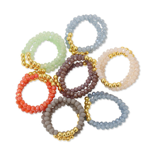 Set/24 assorted stretch crystal rings with 5 grouped 3mm bead accents