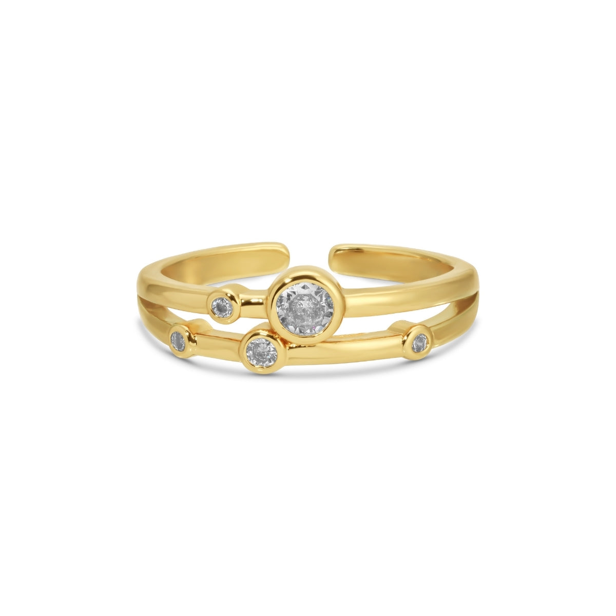 Gold ring with embedded diamonds on a white background