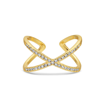 Gold ring with diamond accents on a white background