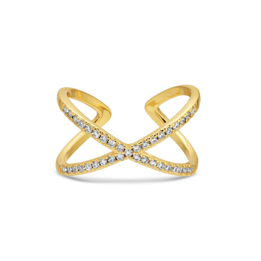 Gold ring with diamond accents on a white background