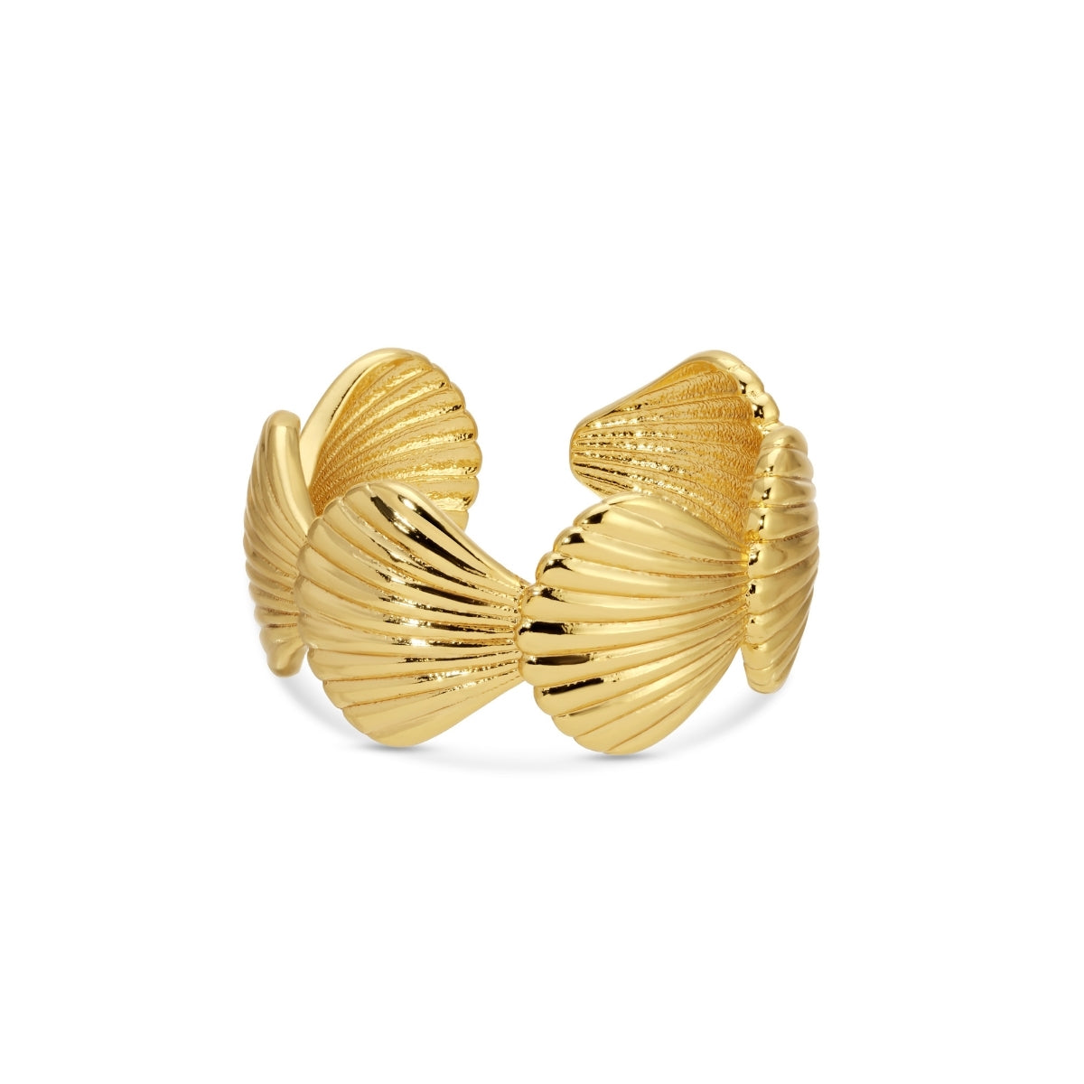 Gold shell-shaped ring on a white background