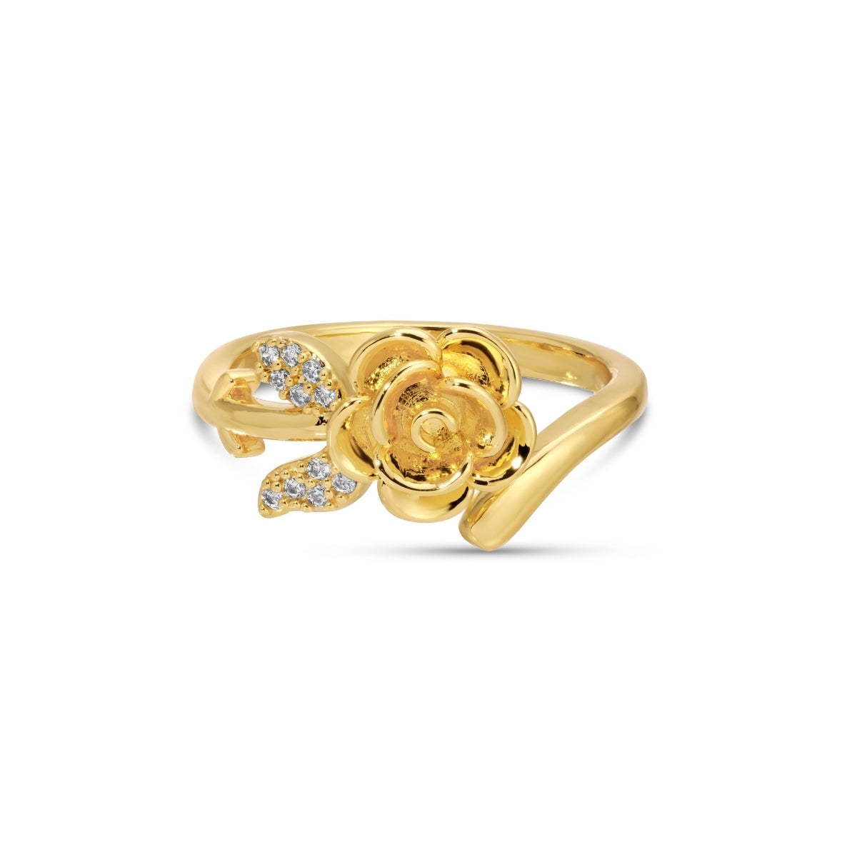 Gold ring with a floral design on a white background
