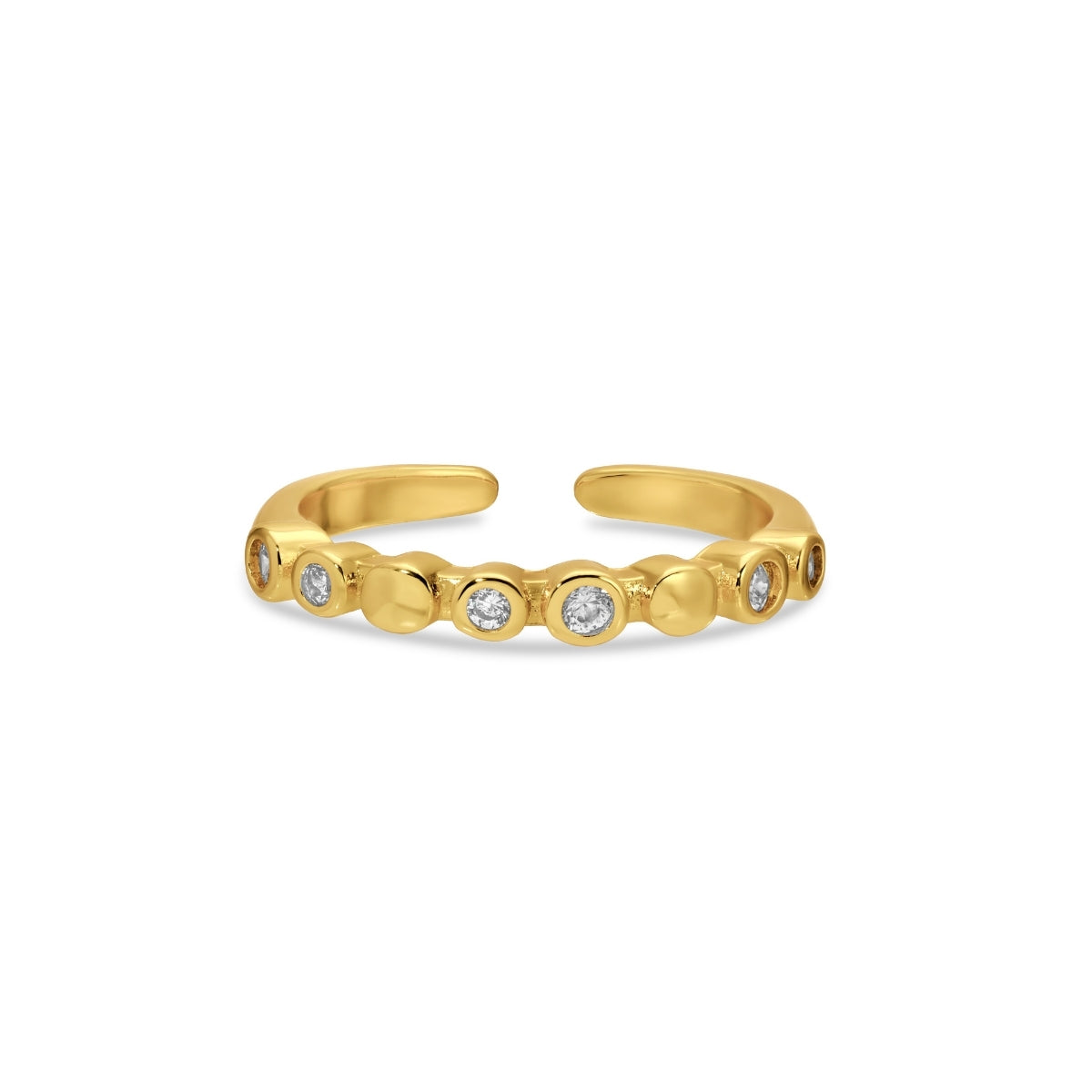 Gold open ring with small diamonds on a white background