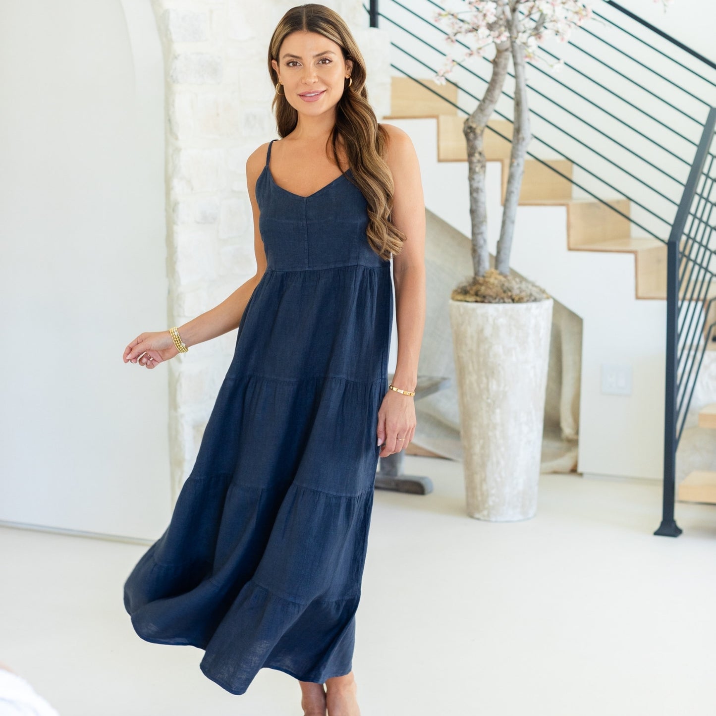 Linen Long Tiered Spaghetti Strap Dress