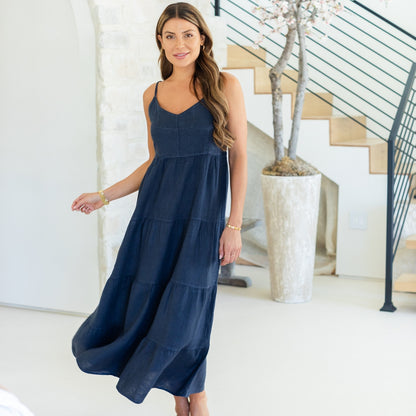 Linen Long Tiered Spaghetti Strap Dress