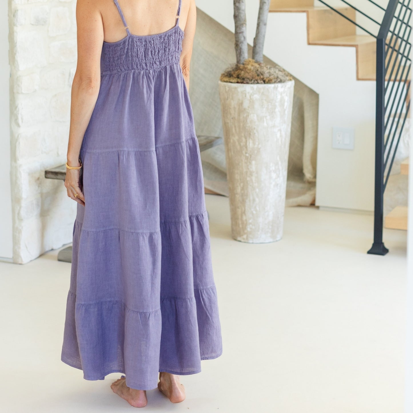 Linen Long Tiered Spaghetti Strap Dress