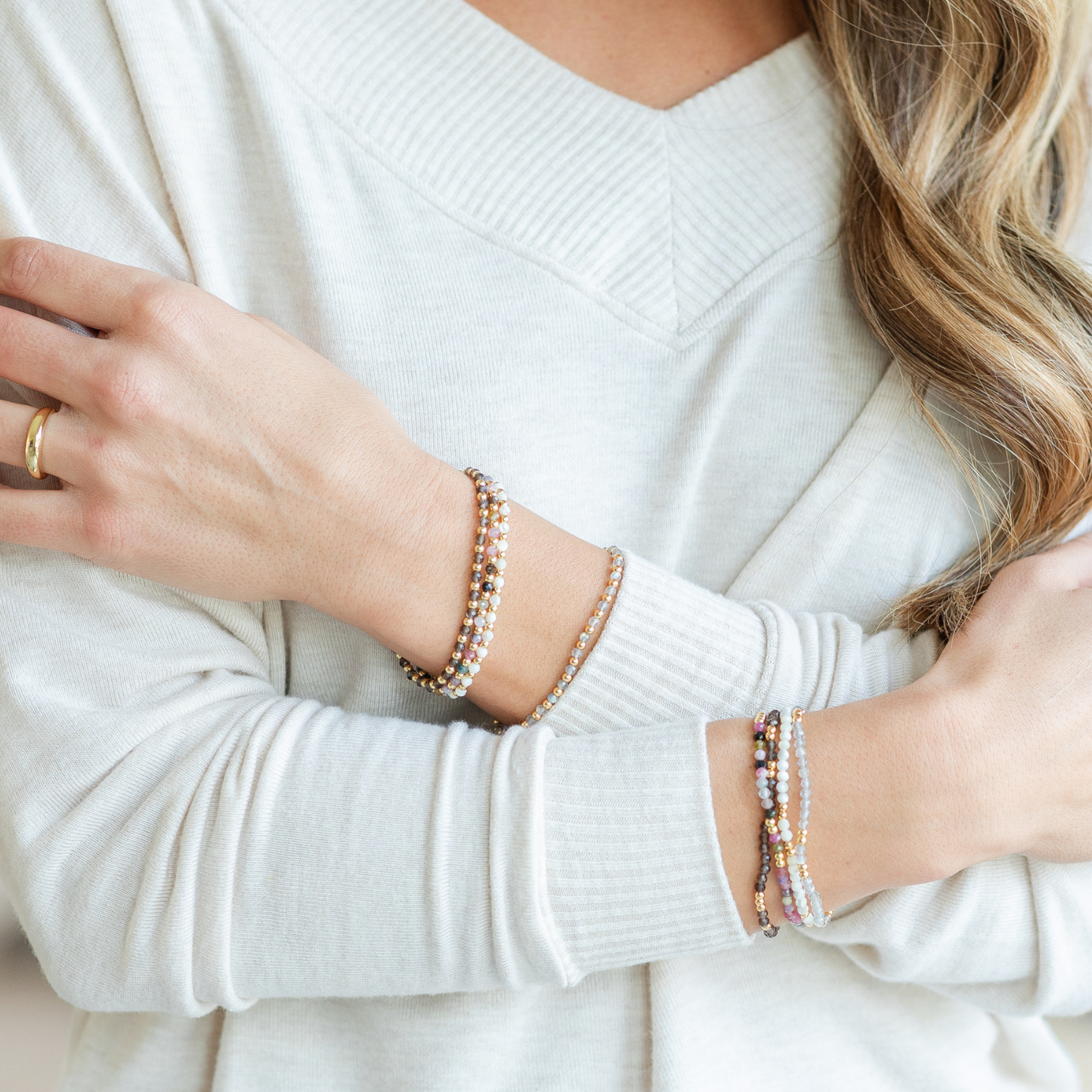 Set/12 Assorted stone or shell stretch bracelets with bead accents