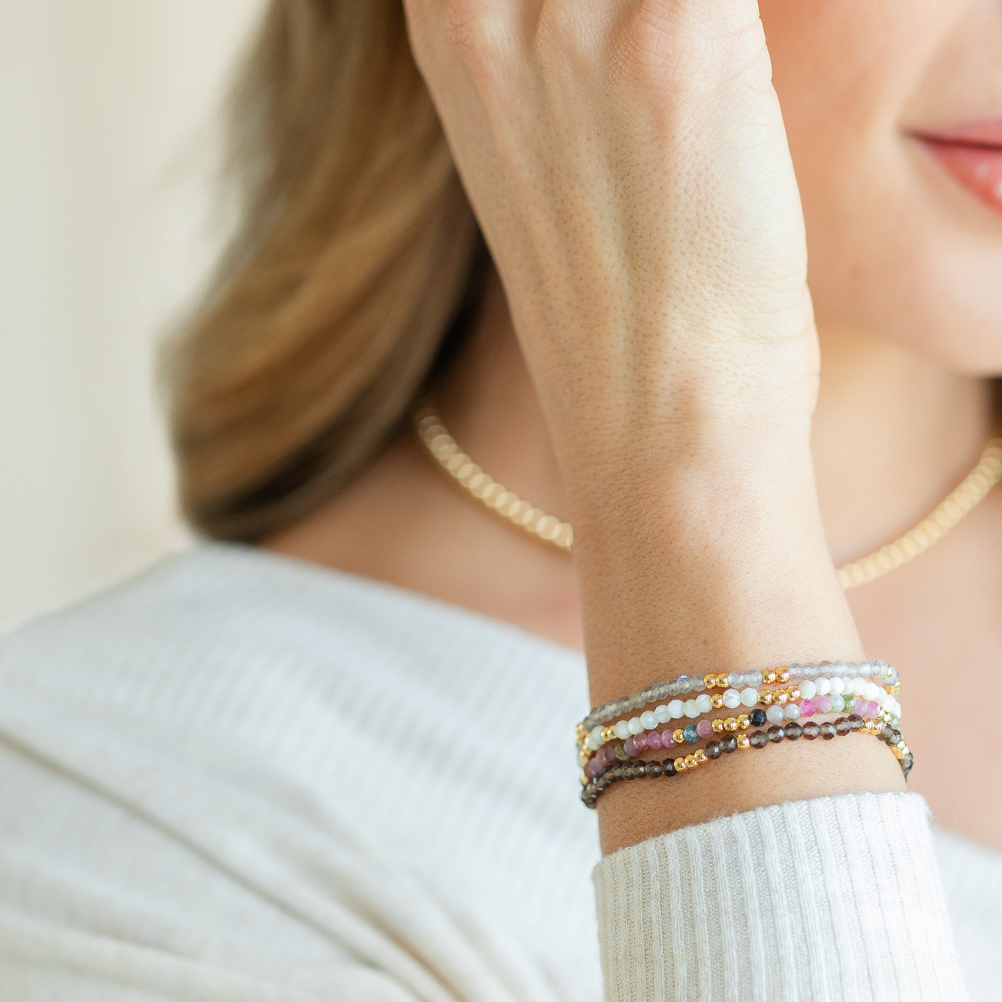 Set/12 Assorted stone or shell stretch bracelets with bead accents