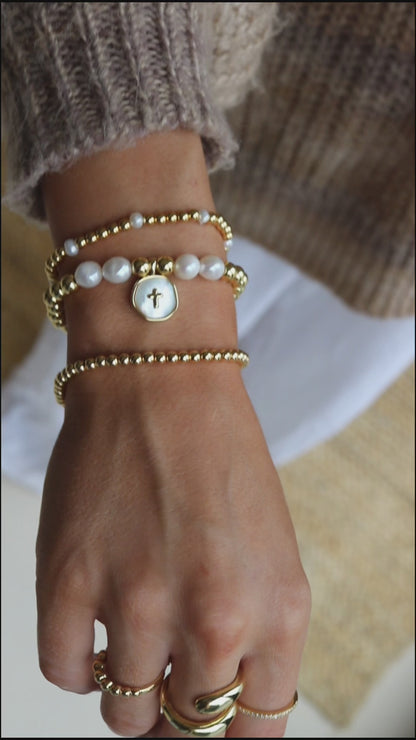 Cross + Pearls Stretch Charm Bracelet