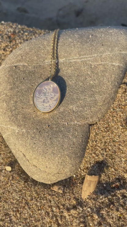 Saint Christopher Etched Shell Oval Pendant Necklace