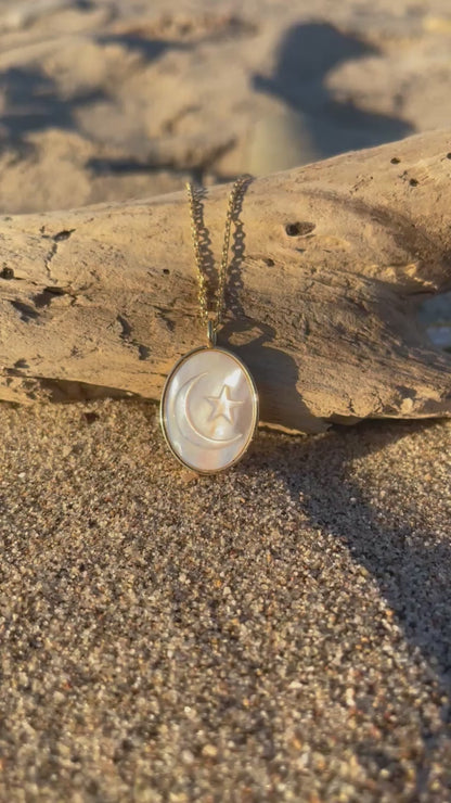 Moon and Star Etched Shell Oval Pendant Necklace